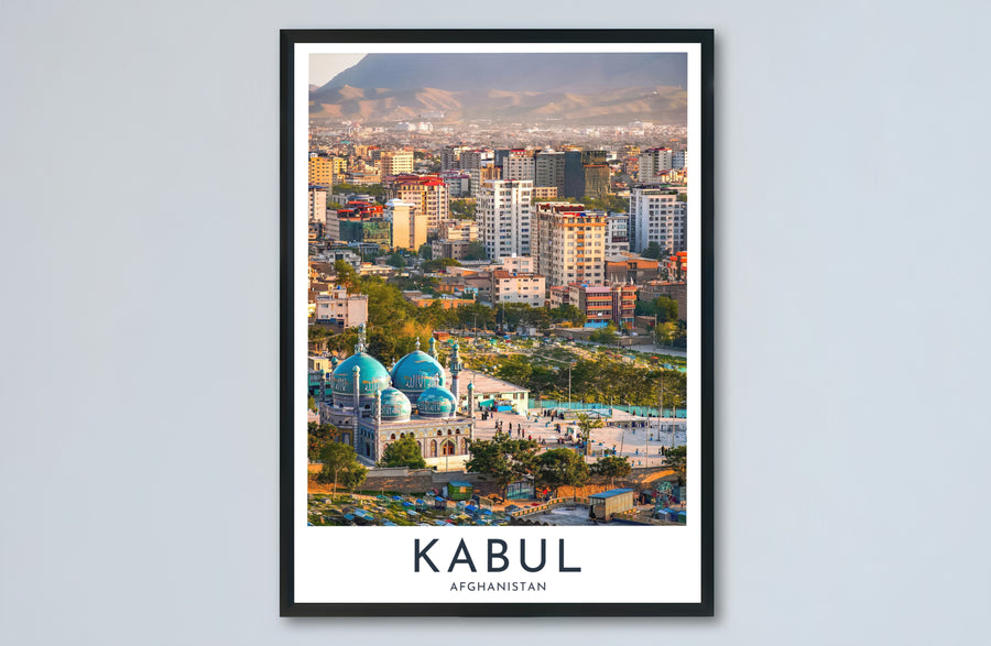 Modern photo poster of Kabul Afghanistan displaying city architecture and iconic religious landmarks under sunny skies, provided by MapYourDreams as an unframed paper print, gallery canvas wall decor, or custom framed wall art in retro black and grey frames for apartment decor.