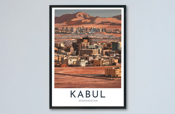 Modern gallery poster of Kabul Afghanistan displaying stylized urban architecture under warm desert skies, provided by MapYourDreams as an unframed paper print, gallery canvas wall decor, or custom framed wall art in retro black and grey frames for apartment decor.