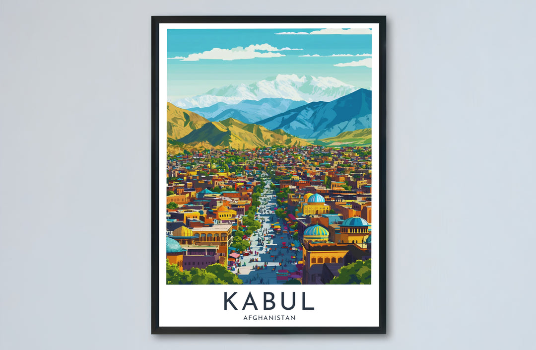 Retro travel poster of Kabul Afghanistan displaying colorful traditional architecture and Hindu Kush mountain ranges under clear skies, provided by MapYourDreams as an unframed paper print, gallery canvas wall decor, or custom framed wall art in retro black and grey frames for apartment wall decor.