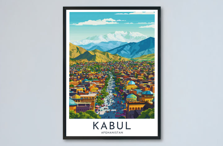 Retro travel poster of Kabul Afghanistan displaying colorful traditional architecture and Hindu Kush mountain ranges under clear skies, provided by MapYourDreams as an unframed paper print, gallery canvas wall decor, or custom framed wall art in retro black and grey frames for apartment wall decor.