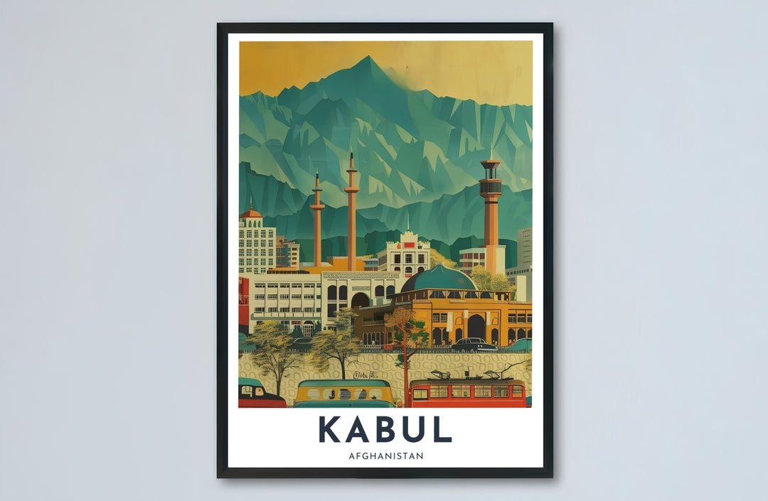 Travel poster of Kabul Afghanistan cityscape displaying colorful building facades and towering minarets under warm skies, provided by MapYourDreams as an unframed paper print, gallery canvas wall decor, or custom framed wall art in retro black and grey frames for apartment wall decor.