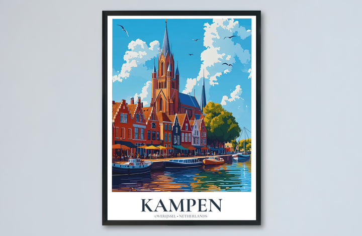 Kampen Overijssel Netherlands poster capturing historic waterfront charm and soaring church spires on a clear sunny day, offered by MapYourDreams with catalog choices for an unframed matte paper poster, a durable gallery wrapped canvas, or a custom frame for library wall styling.