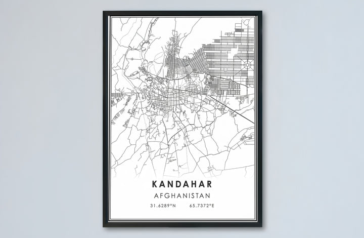 Minimalist travel map poster displaying the street plan and cartographic grid of Kandahar, Afghanistan, under clean vector styling. Provided by MapYourDreams as an unframed paper print, a gallery canvas wall decor piece, or a custom framed wall art item in retro black and grey frames.