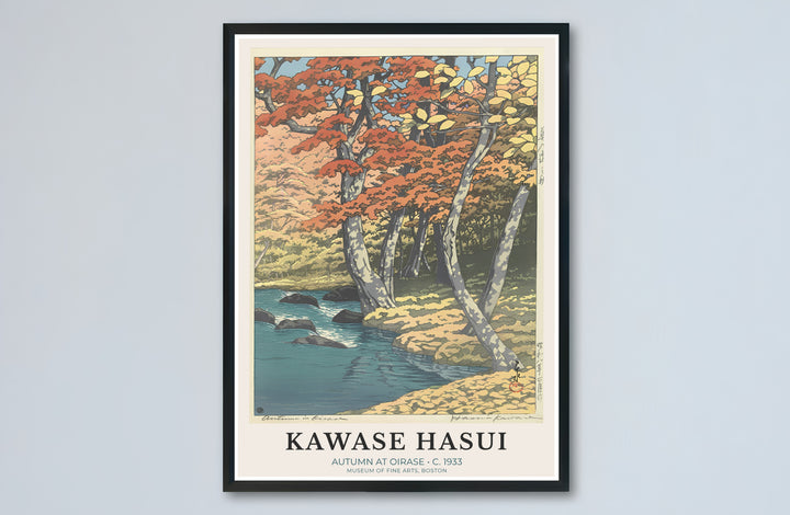 Japandi autumn forest canvas print showcasing Autumn at Oirase vintage artwork by artist Kawase Hasui at Oirase Mountain Stream. Buy high-definition framed, unframed, and canvas poster prints directly from MapYourDreams.