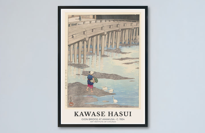 Japandi stone bridge canvas print showcasing Gion Bridge at Amakusa vintage artwork by artist Kawase Hasui at Gion Bridge in Amakusa. Buy high-definition framed, unframed, and canvas poster prints directly from MapYourDreams.