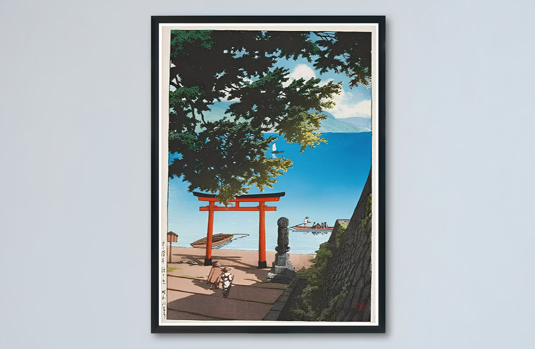 Japandi red torii gate canvas print showcasing Lake Biwa vintage artwork by artist Kawase Hasui at Lake Biwa. Buy high-definition framed, unframed, and canvas poster prints directly from MapYourDreams.
