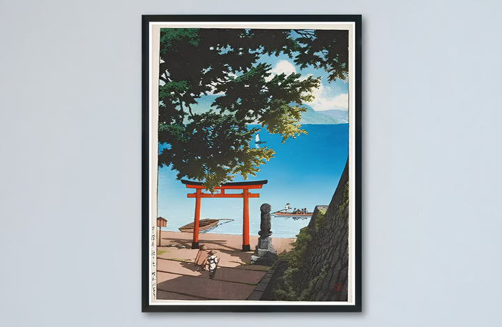 Japandi red torii gate canvas print showcasing Lake Biwa vintage artwork by artist Kawase Hasui at Lake Biwa. Buy high-definition framed, unframed, and canvas poster prints directly from MapYourDreams.