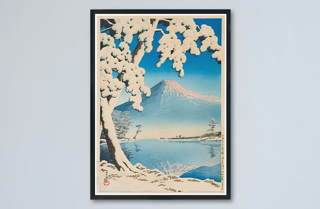 Japandi winter Mount Fuji canvas print showcasing Lake Kawaguchi vintage artwork by artist Kawase Hasui at Lake Kawaguchi. Buy high-definition framed, unframed, and canvas poster prints directly from MapYourDreams.