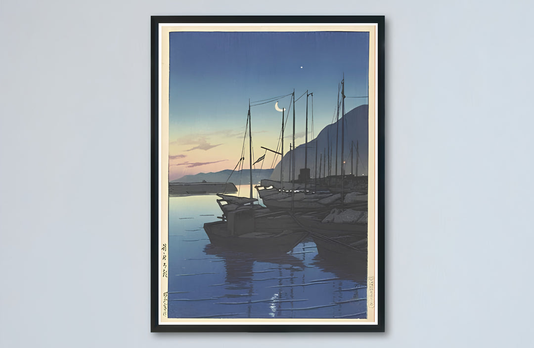 Japandi crescent moon canvas print showcasing Morning in Beppu vintage artwork by artist Kawase Hasui at Morning in Beppu. Buy high-definition framed, unframed, and canvas poster prints directly from MapYourDreams.