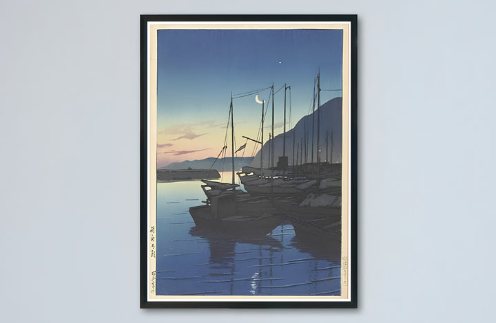 Japandi crescent moon canvas print showcasing Morning in Beppu vintage artwork by artist Kawase Hasui at Morning in Beppu. Buy high-definition framed, unframed, and canvas poster prints directly from MapYourDreams.