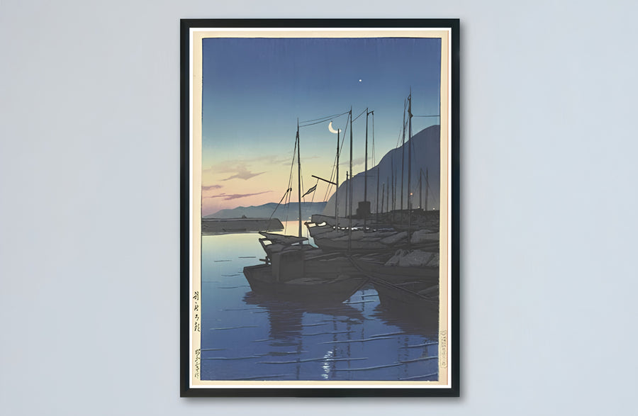 Japandi crescent moon canvas print showcasing Morning in Beppu vintage artwork by artist Kawase Hasui at Morning in Beppu. Buy high-definition framed, unframed, and canvas poster prints directly from MapYourDreams.