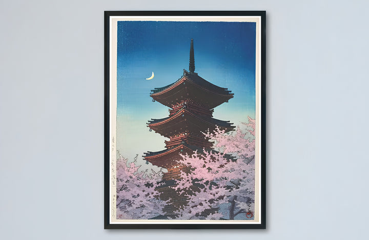 Japandi pagoda crescent moon canvas print showcasing Spring Evening Ueno vintage artwork by artist Kawase Hasui at Spring Evening Ueno. Buy high-definition framed, unframed, and canvas poster prints directly from MapYourDreams.