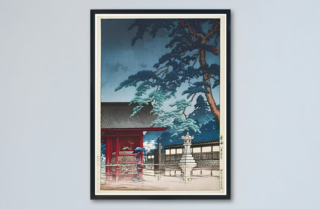 Japandi temple umbrella canvas print showcasing Spring Rain Gokokuji Temple vintage artwork by artist Kawase Hasui at Spring Rain Gokokuji Temple. Buy high-definition framed, unframed, and canvas poster prints directly from MapYourDreams.