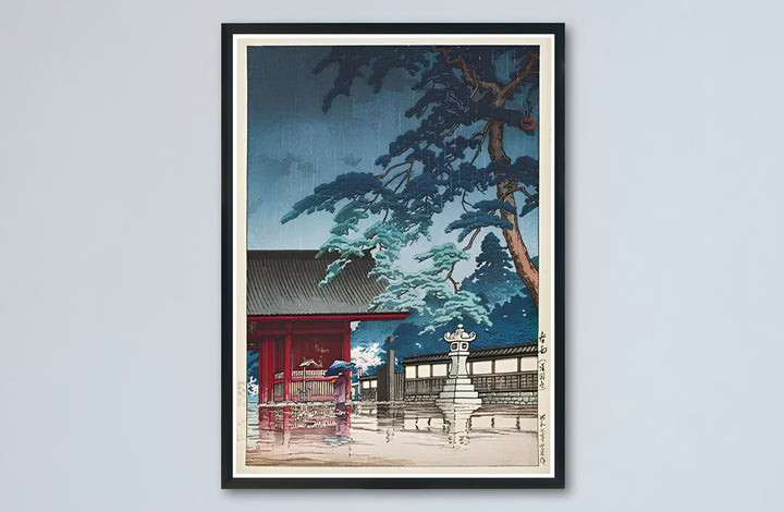Japandi temple umbrella canvas print showcasing Spring Rain Gokokuji Temple vintage artwork by artist Kawase Hasui at Spring Rain Gokokuji Temple. Buy high-definition framed, unframed, and canvas poster prints directly from MapYourDreams.