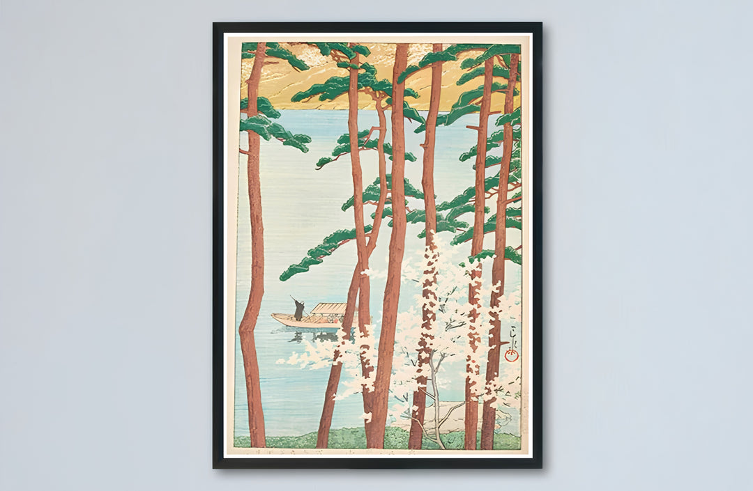 Japandi cherry blossom canvas print showcasing Spring at Arashiyama Kyoto vintage artwork by artist Kawase Hasui at Spring at Arashiyama Kyoto. Buy high-definition framed, unframed, and canvas poster prints directly from MapYourDreams.