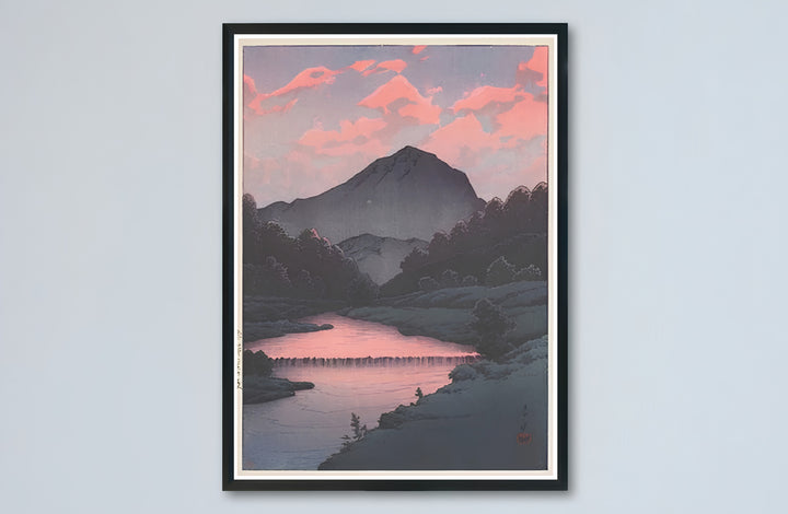 Japandi mountain landscape canvas print showcasing Sunset at Oirase vintage artwork by artist Kawase Hasui at Sunset at Oirase. Buy high-definition framed, unframed, and canvas poster prints directly from MapYourDreams.