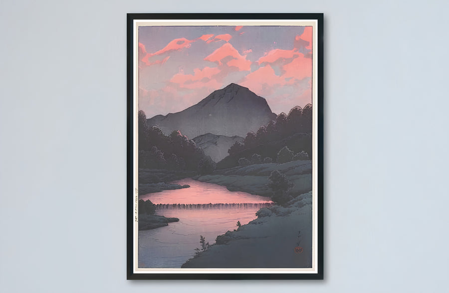Japandi mountain landscape canvas print showcasing Sunset at Oirase vintage artwork by artist Kawase Hasui at Sunset at Oirase. Buy high-definition framed, unframed, and canvas poster prints directly from MapYourDreams.