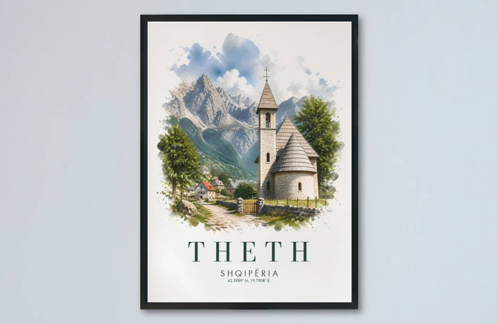 Forest green tones and slate mountain hues meet along the historic chapel of Theth in this balanced Balkan watercolor artwork. MapYourDreams makes this available in unframed paper, custom wooden frames, and stretched canvas options.