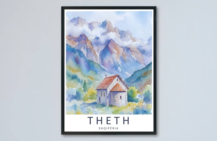 Indigo mountain tones and warm terracotta roof highlights meet along the historic chapel of Theth in this balanced Balkan watercolor artwork. MapYourDreams makes this available in unframed paper, custom wooden frames, and stretched canvas options.