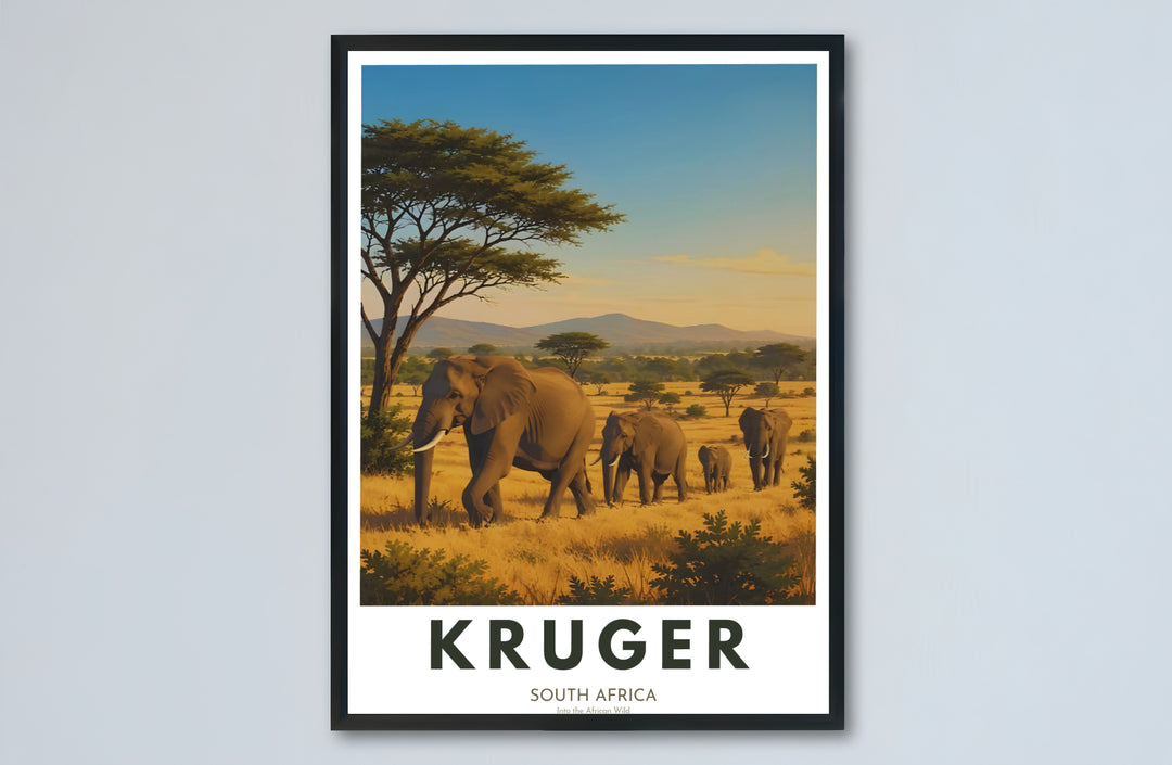 Historic safari travel poster of Kruger National Park featuring bold typography and authentic African wildlife art. Offered by MapYourDreams, this artwork is available in flexible options including unframed paper, custom wooden frames, and gallery canvas choices to fit any interior space.