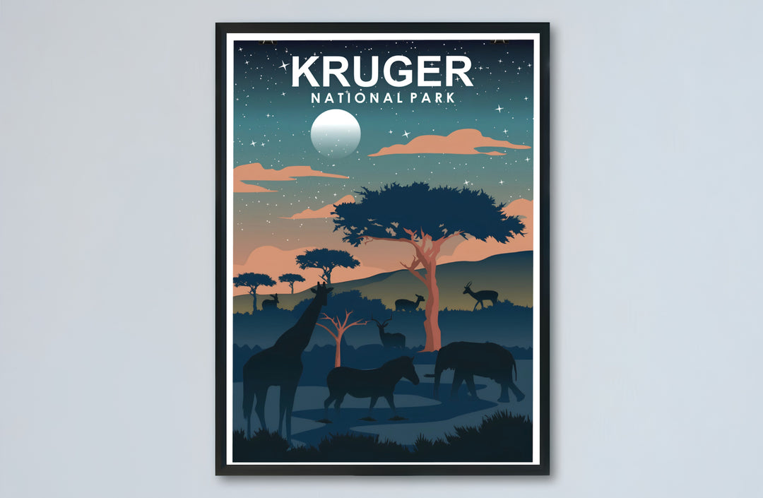 High-contrast South Africa night travel art print displaying animal silhouettes against a luminous moon and star-dusted sky. Offered by MapYourDreams, this artwork is available in flexible options including unframed paper, custom wooden frames, and gallery canvas wraps for tailored home wall decor setups.