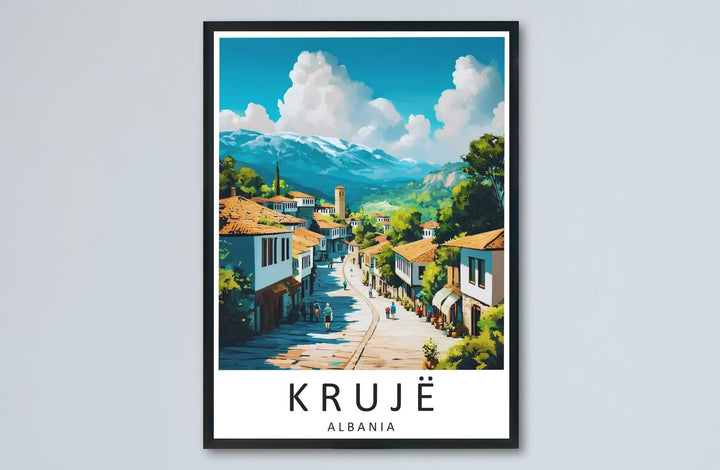 Terracotta highlights and brilliant blue sky pigments meet along the historic cityscape of Krujë Old Bazaar in this balanced poster artwork. MapYourDreams makes this available in unframed paper, custom wooden frames, and stretched canvas options.