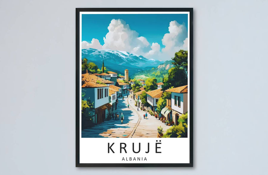 Terracotta highlights and brilliant blue sky pigments meet along the historic cityscape of Krujë Old Bazaar in this balanced poster artwork. MapYourDreams makes this available in unframed paper, custom wooden frames, and stretched canvas options.
