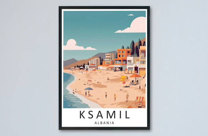 Tangerine highlights and teal blue pigments meet along the historic coastline of Ksamil resort in this balanced poster artwork. MapYourDreams makes this available in unframed paper, custom wooden frames, and stretched canvas options.