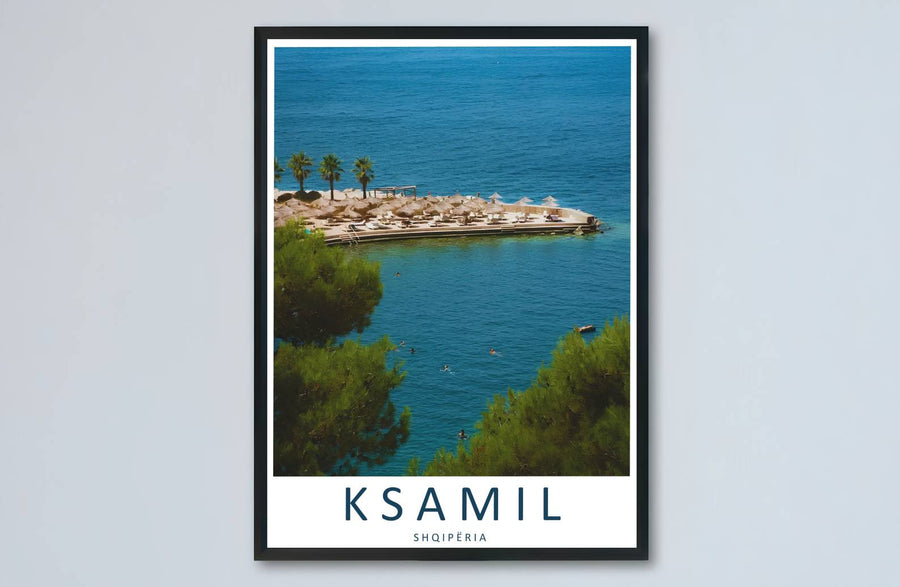 Sapphire highlights and deep azure pigments meet along the historic coastline of Ksamil resort in this balanced poster artwork. MapYourDreams makes this available in unframed paper, custom wooden frames, and stretched canvas options.