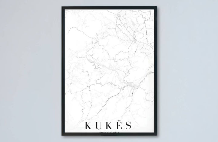 This high-resolution black and white map print of Kukës, Albania, brings cartographic precision and contemporary style to gallery walls. Discover versatile choices including unframed matte prints, custom-framed options, and dimensional canvas wraps.