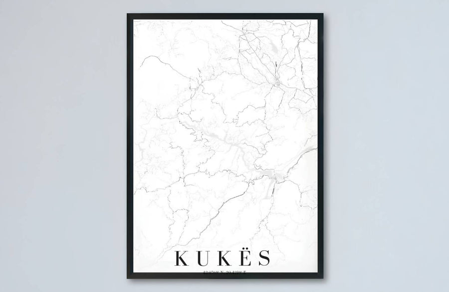 This high-resolution black and white map print of Kukës, Albania, brings cartographic precision and contemporary style to gallery walls. Discover versatile choices including unframed matte prints, custom-framed options, and dimensional canvas wraps.