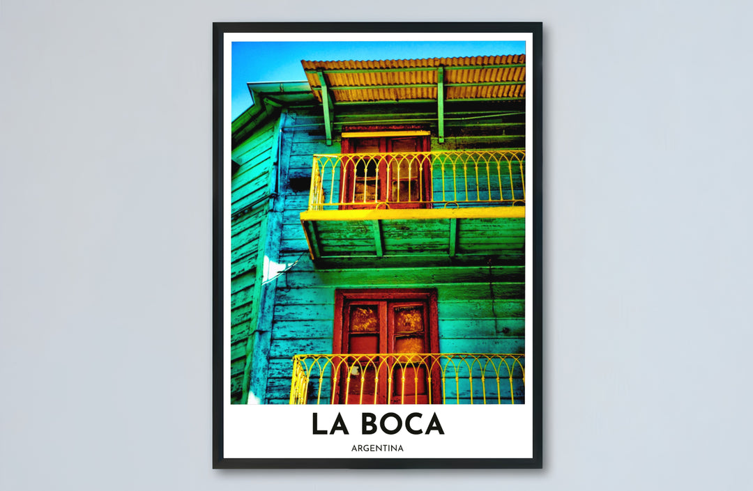 Architectural fine art wall decor showing the low-angle perspective of colorful balconies along El Caminito in Buenos Aires. Designed by MapYourDreams to suit modern interiors, this piece comes in versatile choices like unframed paper, solid wood frames, and gallery canvas formats.