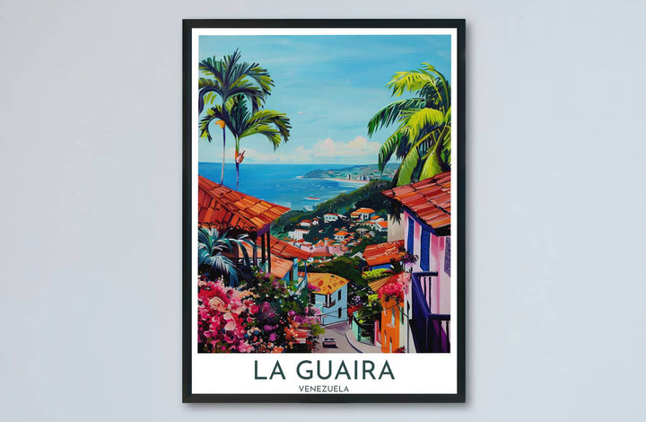 Architectural town and natural sea landscape print showing colonial balconies, magenta flowers, and deep blue ocean waters. Designed by MapYourDreams to suit modern interiors, this piece comes in versatile choices like unframed paper, solid wood frames, and gallery canvas formats.