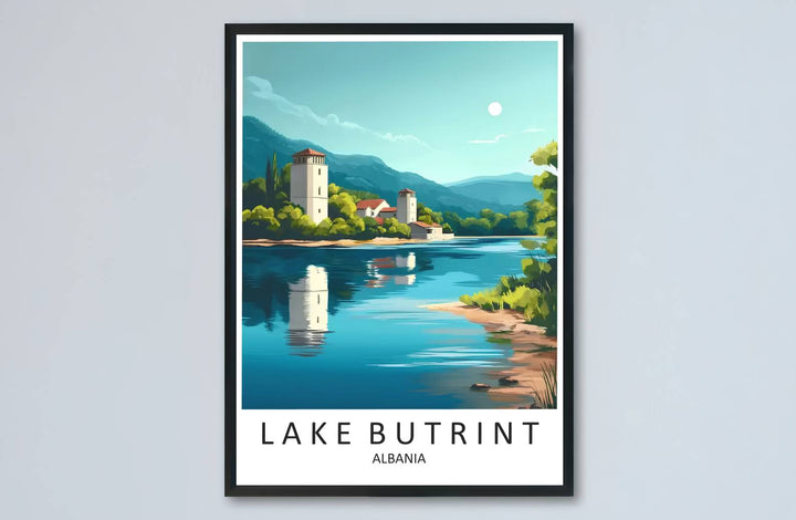 Teal highlights and serene blue pigments meet along the historic shores of Lake Butrint in this balanced poster artwork. MapYourDreams makes this available in unframed paper, custom wooden frames, and stretched canvas options.