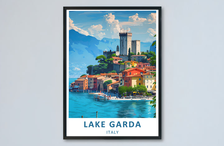 A dynamic landscape illustration of Lake Garda, Italy, highlighting the historic stone tower of Malcesine Castle set against majestic blue mountains and peaceful waters; bring this scenery home as an unframed print, gallery-wrapped canvas, or custom framed wall poster.
