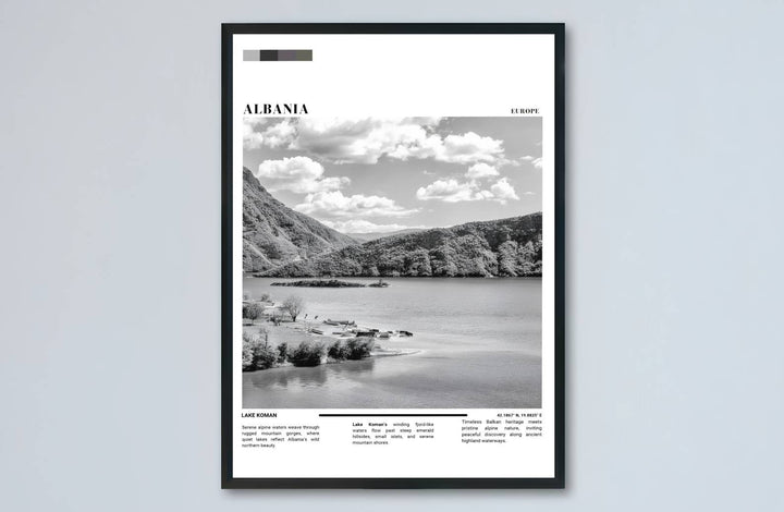 Charcoal highlights and soft silver-grey shadows meet along the historic shores of Lake Koman in this balanced editorial poster artwork. MapYourDreams makes this available in unframed paper, custom wooden frames, and stretched canvas options.