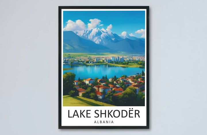 Turquoise highlights and deep blue pigments meet along the expansive shores of Lake Shkodër in this balanced poster artwork. MapYourDreams makes this available in unframed paper, custom wooden frames, and stretched canvas options.