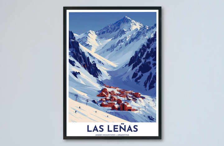 Architectural alpine chalet and winter mountain print showing the scale of the Andes peaks above Las Leñas resort. Designed by MapYourDreams to suit modern interiors, this piece comes in versatile choices like unframed paper, solid wood frames, and gallery canvas formats.