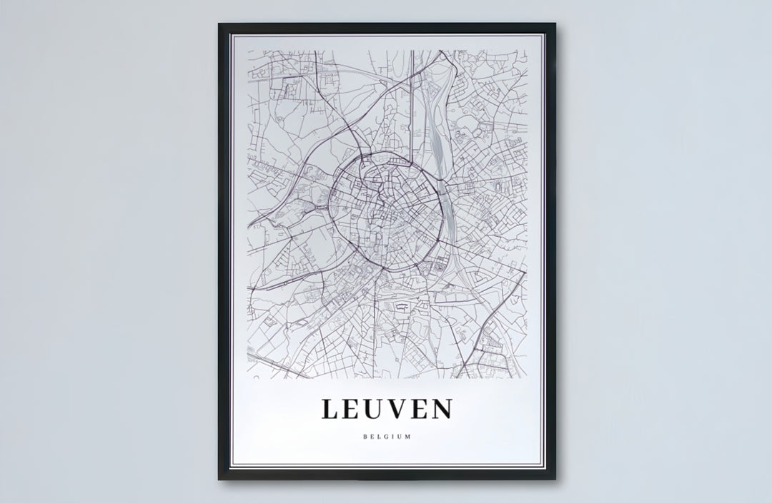 White background city street map wall decor displaying the circular urban layout of Leuven, Belgium. Choose from versatile formats including budget-friendly unframed paper, solid wood framed finishes, and gallery canvas wall art.