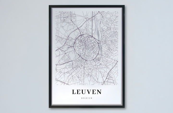 White background city street map wall decor displaying the circular urban layout of Leuven, Belgium. Choose from versatile formats including budget-friendly unframed paper, solid wood framed finishes, and gallery canvas wall art.