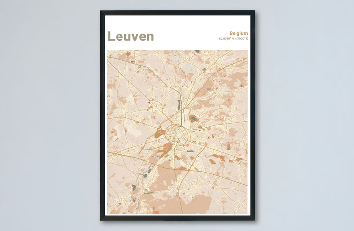 Warm neutral background city street map wall decor displaying the circular urban layout of Leuven, Belgium. Choose from versatile formats including budget-friendly unframed paper, solid wood framed finishes, and gallery canvas wall art.
