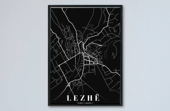 Elevate your living room or study with a modern minimalist road map of Lezhë and the surrounding northern region of Albania. MapYourDreams produces this image in unframed paper, custom wooden frames, and stretched canvas options.