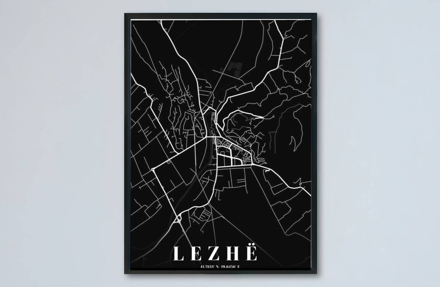 Elevate your living room or study with a modern minimalist road map of Lezhë and the surrounding northern region of Albania. MapYourDreams produces this image in unframed paper, custom wooden frames, and stretched canvas options.