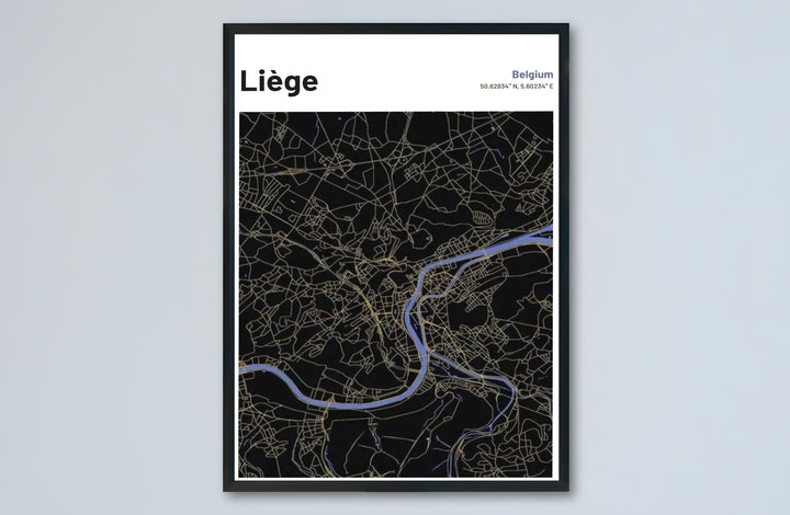 Dark background city street map wall decor displaying the riverfront urban layout of Liège, Belgium. Choose from versatile formats including budget-friendly unframed paper, solid wood framed finishes, and gallery canvas wall art.