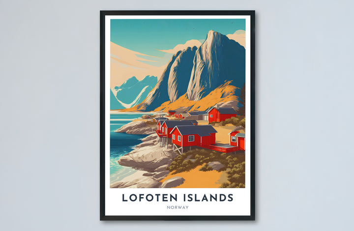 Warm vector travel poster depicting the Arctic coastal paradise of Lofoten Islands Norway with red rorbuer cabins and mountain trails. Transform your hallway or bedroom wall space with options ranging from unframed paper prints to sturdy framed posters and gallery stretched canvas setups.