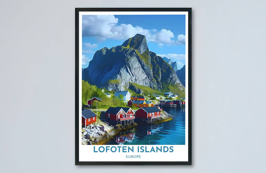 Nordic travel art print of Hamnoy in Lofoten Islands showcasing red coastal homes on stilts and majestic granite spires. Made by MapYourDreams, this artwork is available in flexible options including unframed paper, custom wooden frames, and gallery canvas wraps for living space wall art.