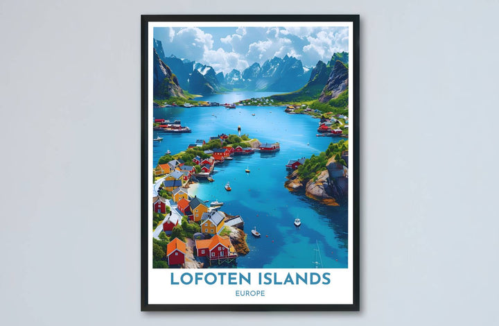 Nordic travel art print of Henningsvaer in Lofoten Islands showcasing red and yellow coastal homes, boats, and towering mountain peaks. Made by MapYourDreams, this artwork is available in flexible options including unframed paper, custom wooden frames, and gallery canvas wraps for living space wall art.
