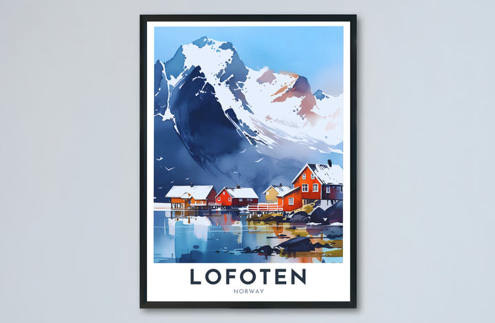 Artistic travel poster depicting the Arctic winter beauty of Lofoten Norway with red rorbuer cabins along the water edge. Transform your hallway or bedroom wall space with options ranging from unframed paper prints to sturdy framed posters and gallery stretched canvas setups.