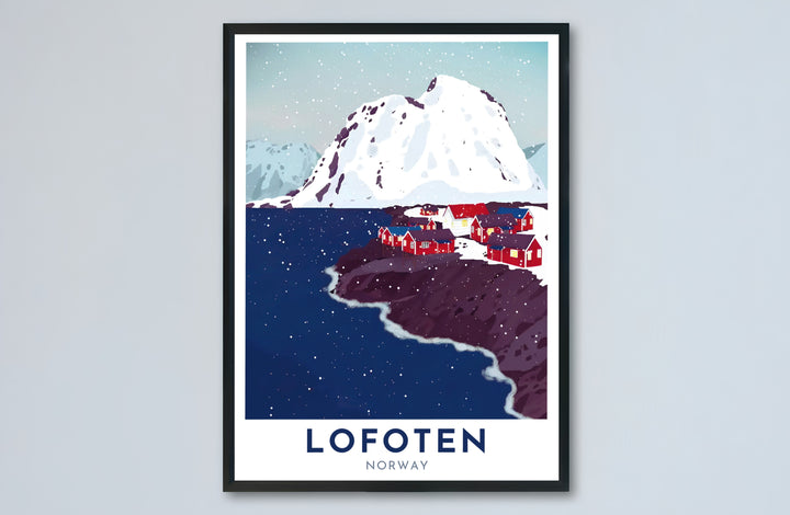 Artistic travel poster depicting the Arctic winter charm of Lofoten Norway with red rorbuer cabins along a snow-dusted rocky shore. Transform your entryway or office wall space with options ranging from unframed paper prints to sturdy framed posters and gallery stretched canvas setups.