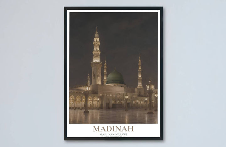 Landscape night photo art print of the Prophet Mosque in Madinah showcasing polished courtyard paving and golden light posts. Made by MapYourDreams, this artwork is available in flexible options including unframed paper, custom wooden frames, and gallery canvas wraps for living space wall art.